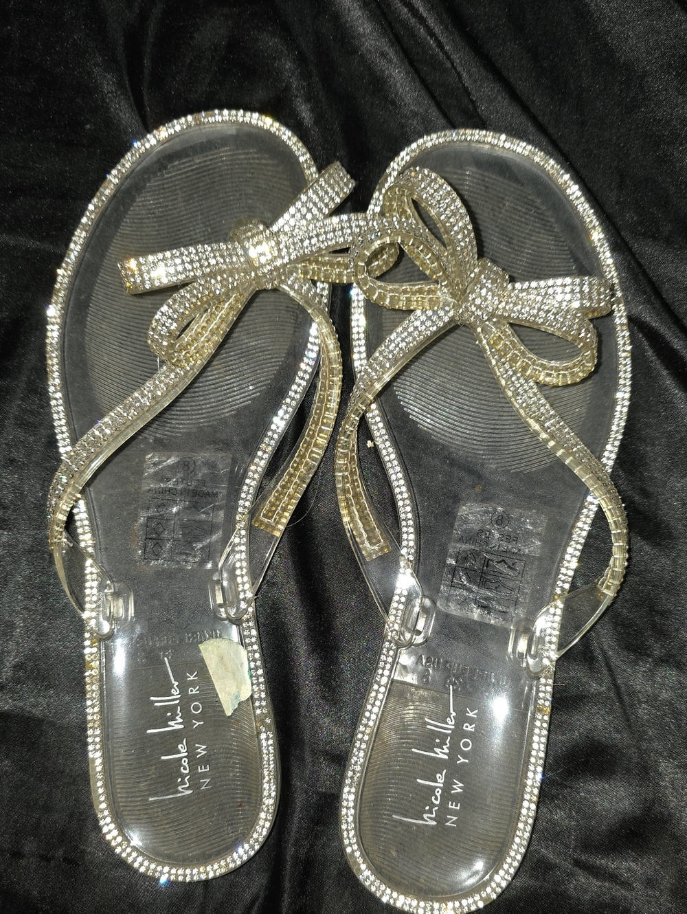 Nicole Miller Gold Bow Rhinestone Clear-Strap Sandals
